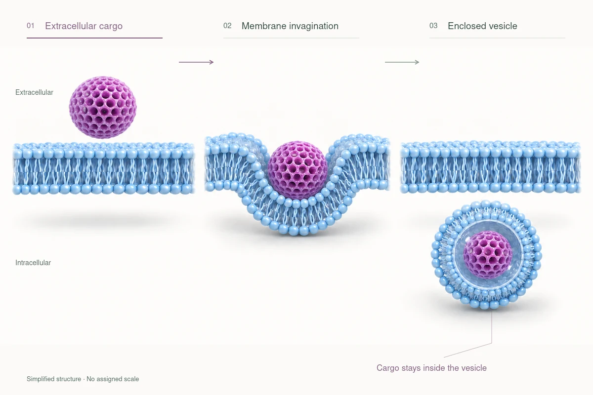 Three simplified stages of endocytosis: extracellular cargo, an inward membrane pit, and cargo retained inside a closed vesicle.