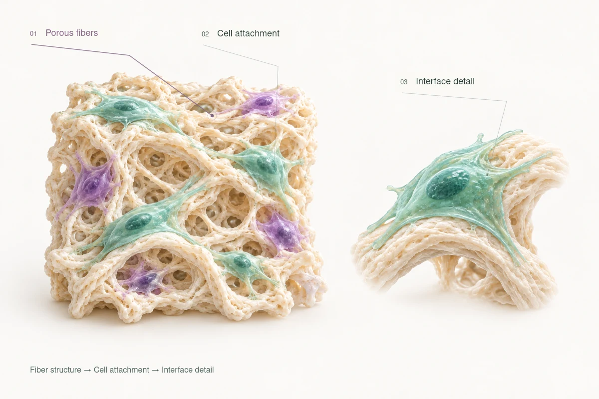 Sage and lilac cells on an ivory porous fibrous scaffold, with an enlarged cell–fiber interface at the right.